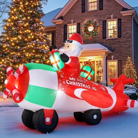 ⚡9FT Christmas Inflatable Santa Airplane Built-in LED Light Outdoor Decoration - Picture 1 of 7